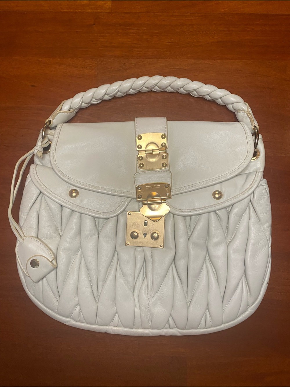 Miu Miu White Quilted Matelasse Leather Shoulder Bag with Gold Hardware
